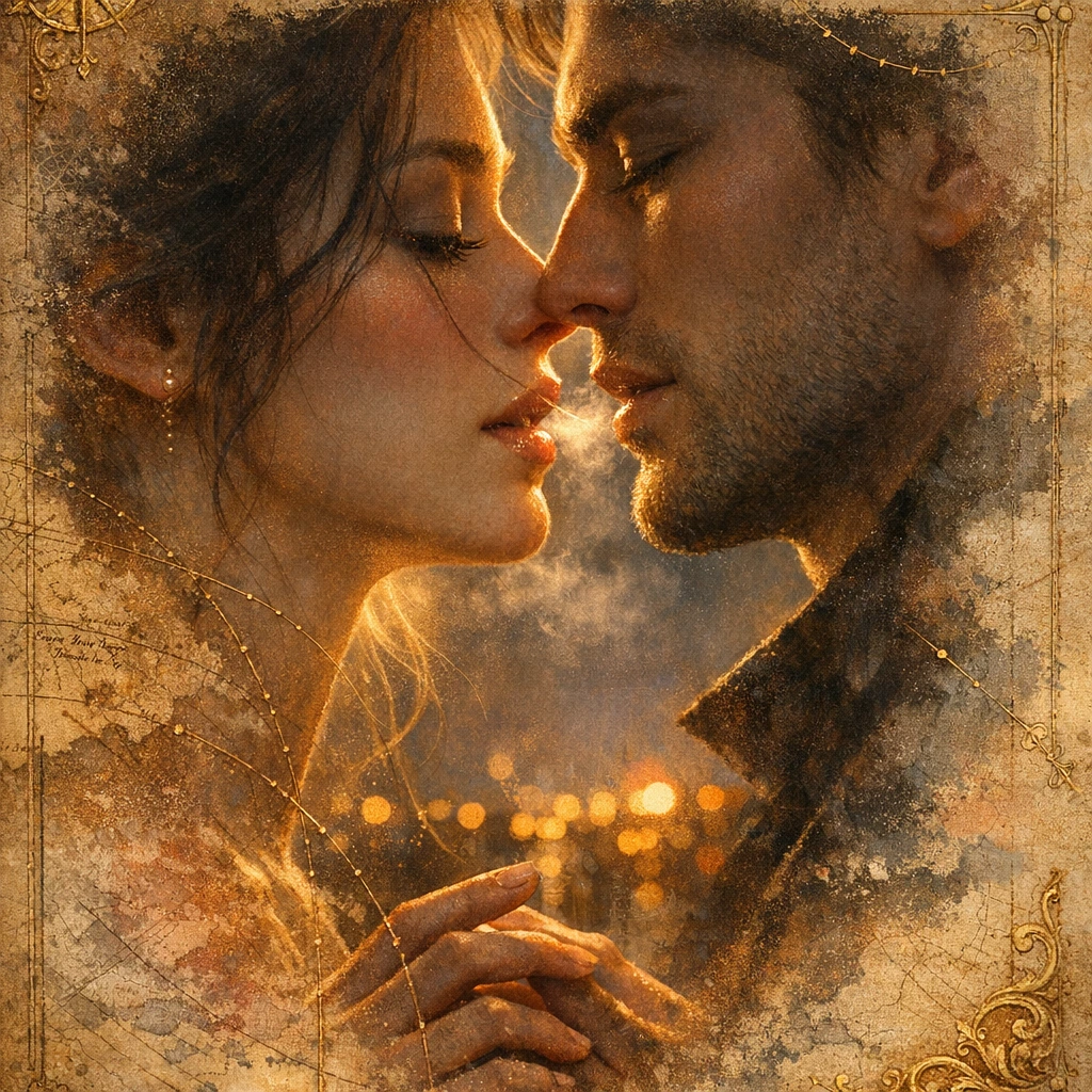 A delicate, intimate moment captured in soft golden hour light, two faces emerging from shadow at the threshold of connection, lips nearly touching, breath visible in cool air, trembling with anticipation, rendered in the style of classical romantic