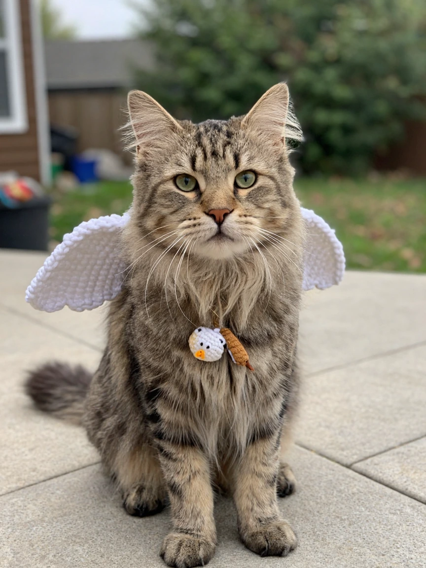 Mainecoon cat with a cute crocheted angel outfit. Normal backyard deck amateur