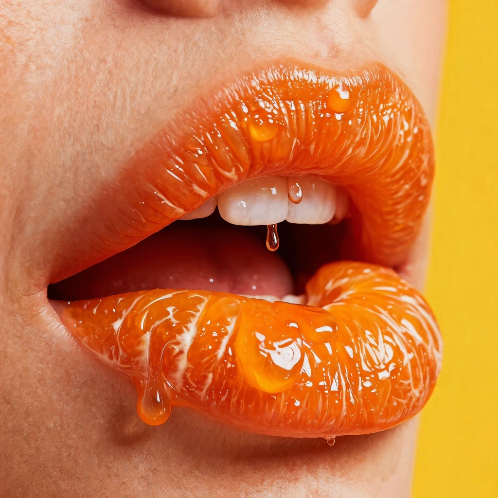 hyper-realistic digital artwork, extreme close-up of lips transformed into glossy tangerine segments, (juicy orange texture with deep grooves resembling citrus flesh), (glistening white pith lines defining each plump segment), single white tooth visi