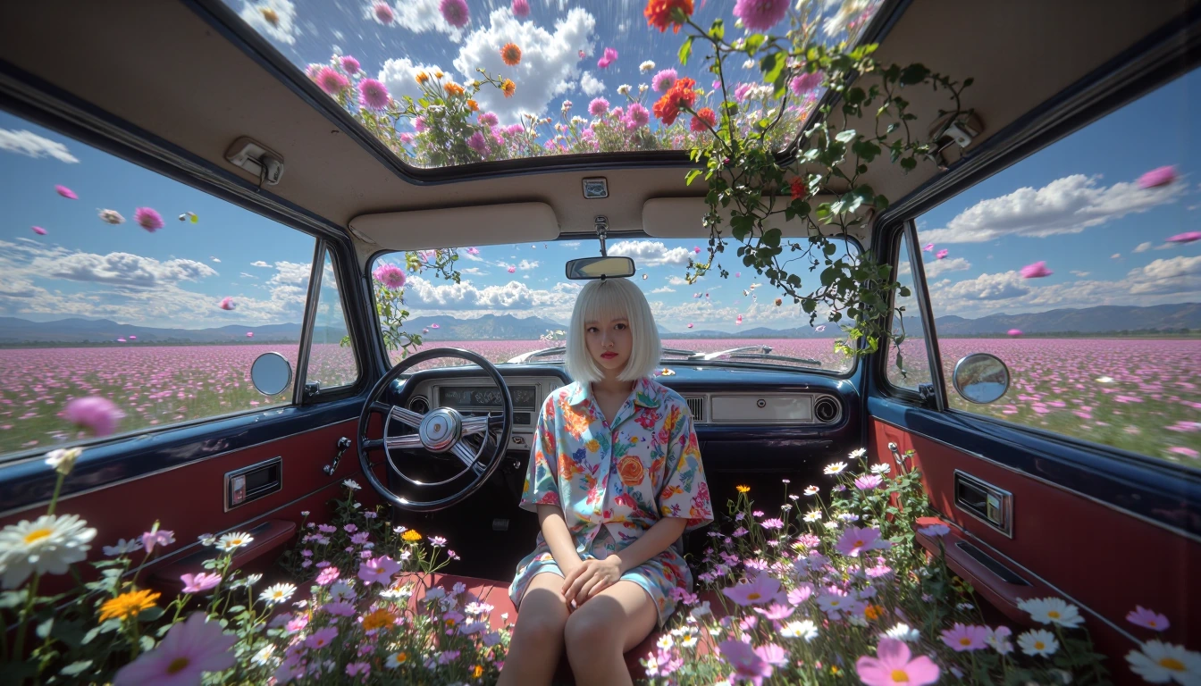 A stunning interior view of a vintage car overflowing with a lush, chaotic garden of vibrant wildflowers and winding green vines. Seated amidst the bl