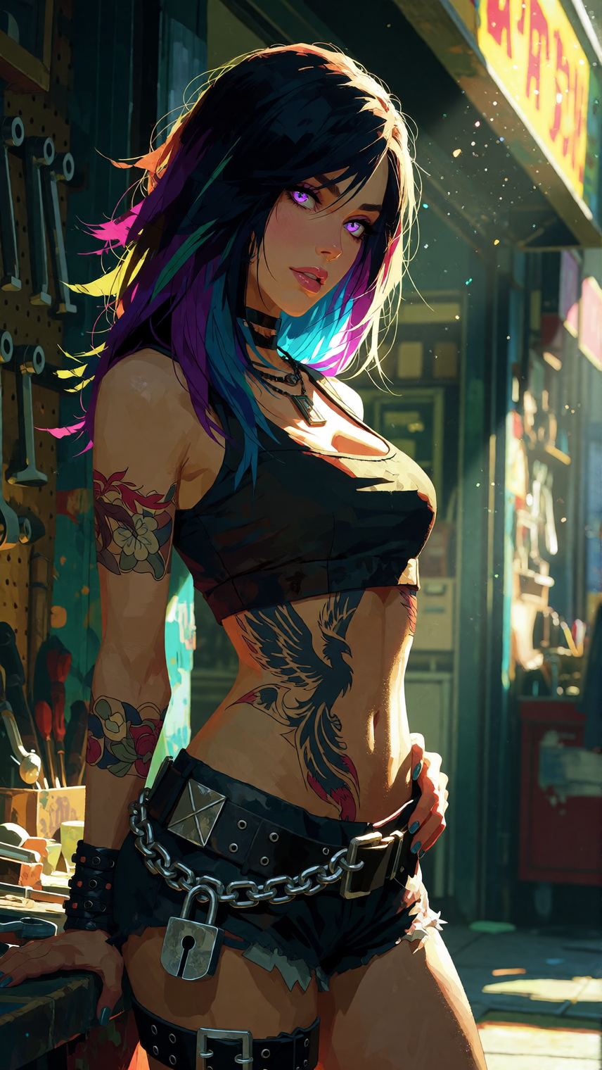 Masterpiece, best quality, ultra-detailed 8K cinematic semi-realistic anime render. Rory Phoenix, shops closed scene at Phoenix Motorworks. Long dark