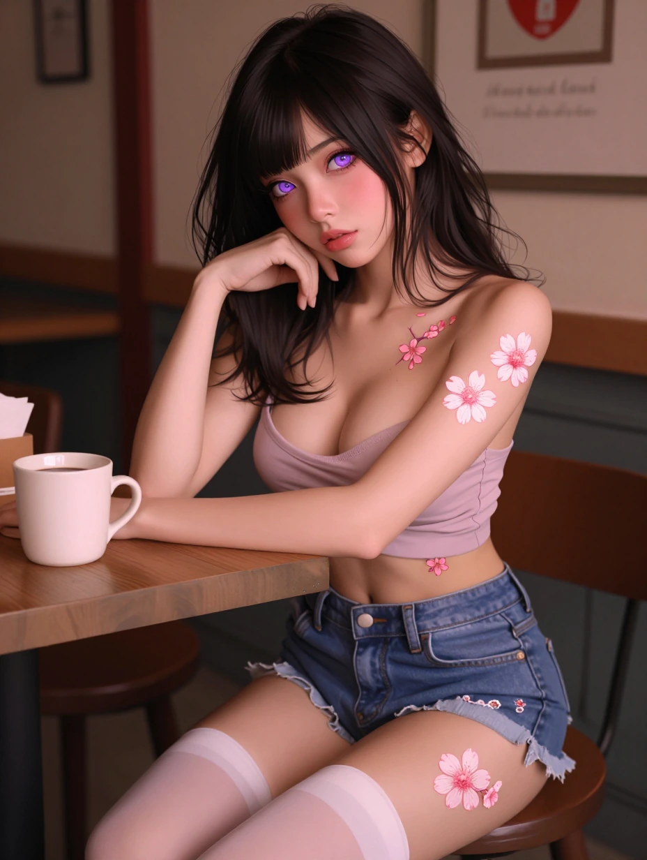 Beautiful woman, bright purple eyes, realistic manga style photograph mixture, bright glowing cherry blossom tattoos, airbrushed, cafe, Jean cutoffs and cropped top. Beautiful pose. Coffee