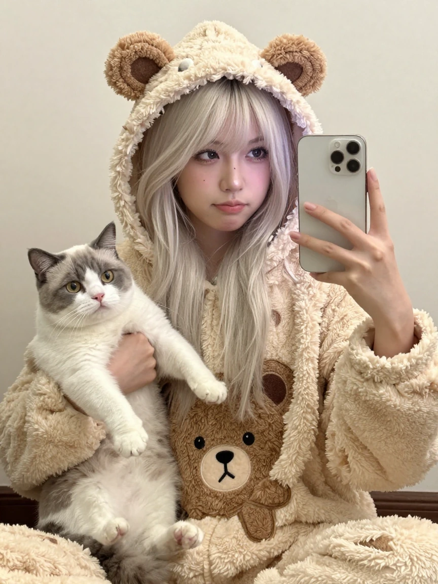 Crazy girlfriend, platinum hair, taking a selfie with her cat, wearing a cute teddy bear onesie
