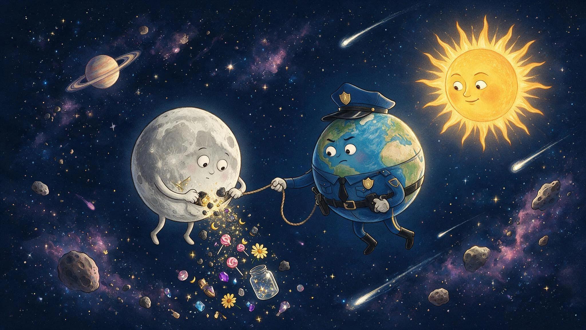 what the moon keeps in its pockets; The Moon, Sun and Earth are all Andromorphic. The Earth is a Policeman Planet and is Moon is under arrest tethered to the Earth and forced to empty it's pockets. Humorous Image.