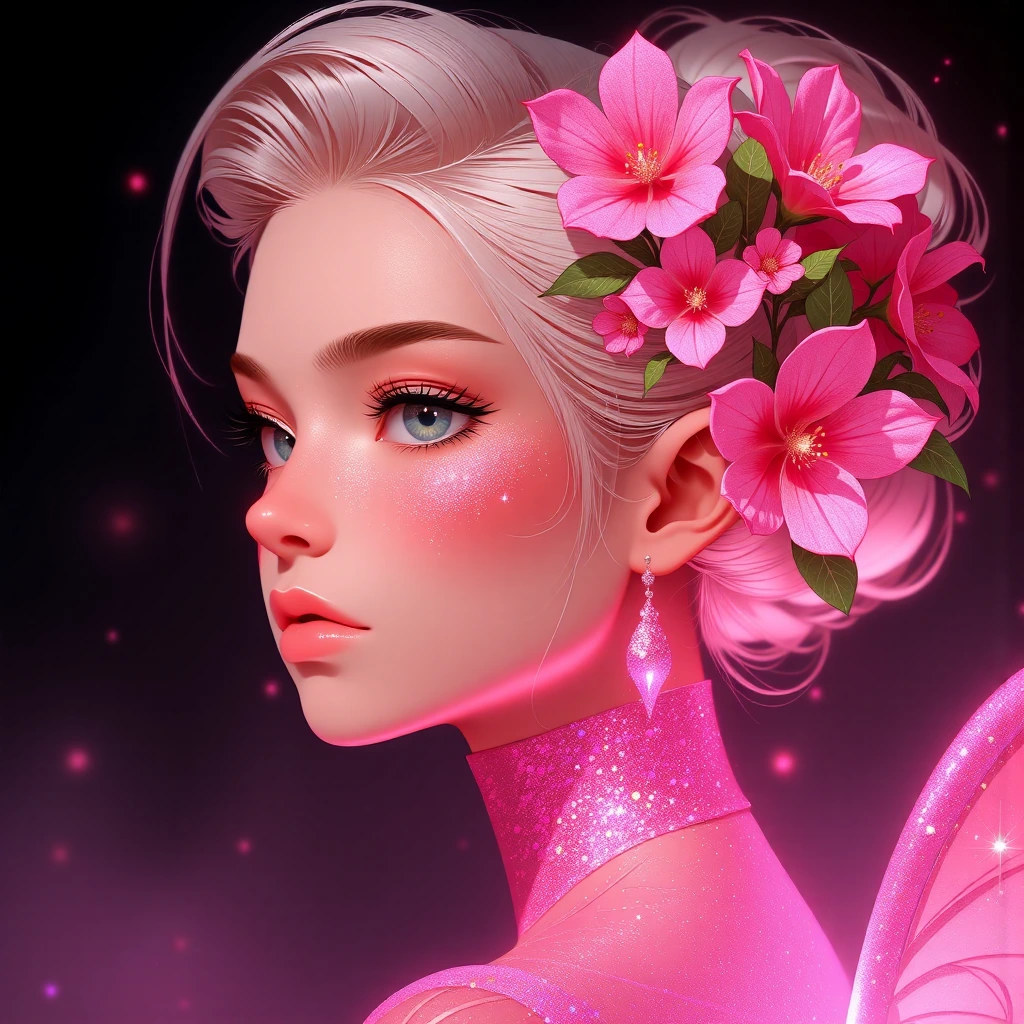 Close-up surreal de uma jovem de beleza angelical, pele pálida reluzente coberta de glitter fino rosa e dourado, cabelo loiro claro em um belo updo trançado com grandes flores rosa magenta e pingentes delicados, posando elegantemente de perfil com ol
