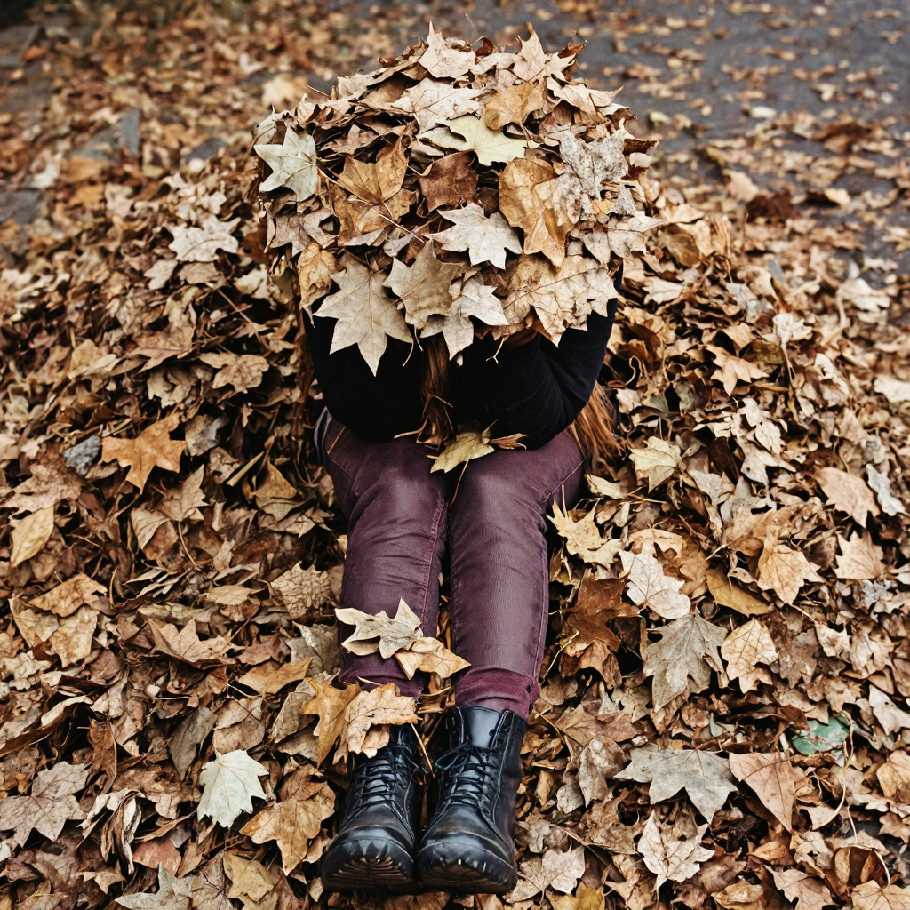 pile of leaves, 1woman, sitting in with leaves on head