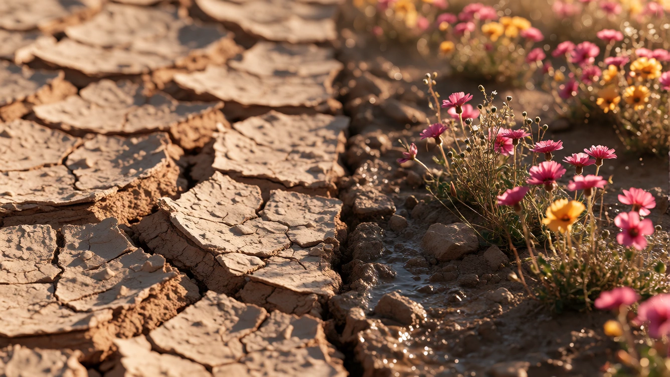 A splitpanel diptych: left half shows cracked, desiccated earth in sepia and rust tones under harsh overhead sun; right half explodes with rainslicked soil, wildflowers in violent magenta and gold erupting midbloom, wet rocks gleaming, moistureheavy 
