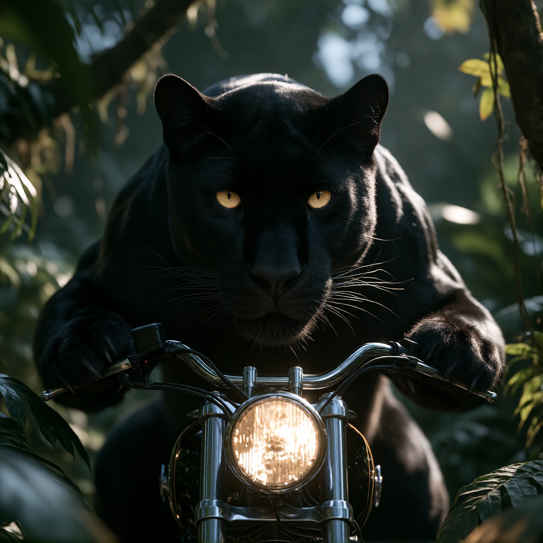 Night of the Panther; A Magnificent Black Panther emerges from Moonlit Jungle Shadows, creating a Powerful Mysterious Encounter... (Side shaved Short Blonde Hair, designer stubble, Handsome, Biker, Jack) Rides a Black Panther like it is a motorcycle,