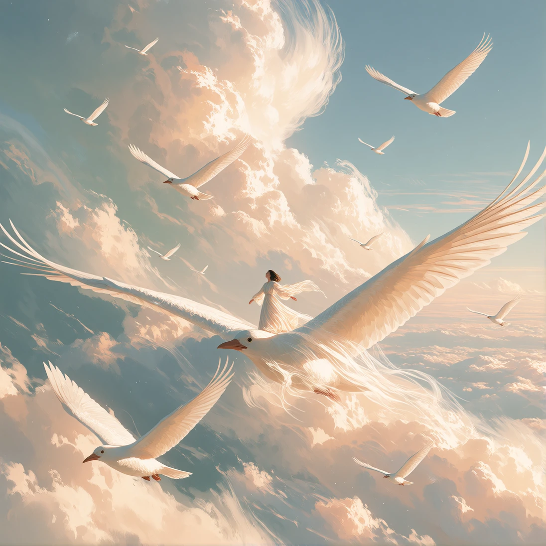 @NJSW33T,zidiusArt, A dreamy surreal anime fantasy illustration of a young woman standing gracefully on the back of a gigantic white bird flying high above an endless sea of clouds. The woman is very small compared to the enormous surrounding sky, po