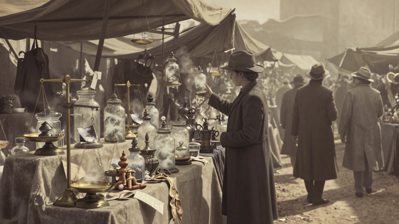 A sprawling open-air bazaar rendered in muted sepia and dusty gold tones, vendor stalls draped in worn linen displaying glass jars and ornate bottles filled with swirling mist, vapor, and faint luminescent wisps in place of goods. Each stall has bras