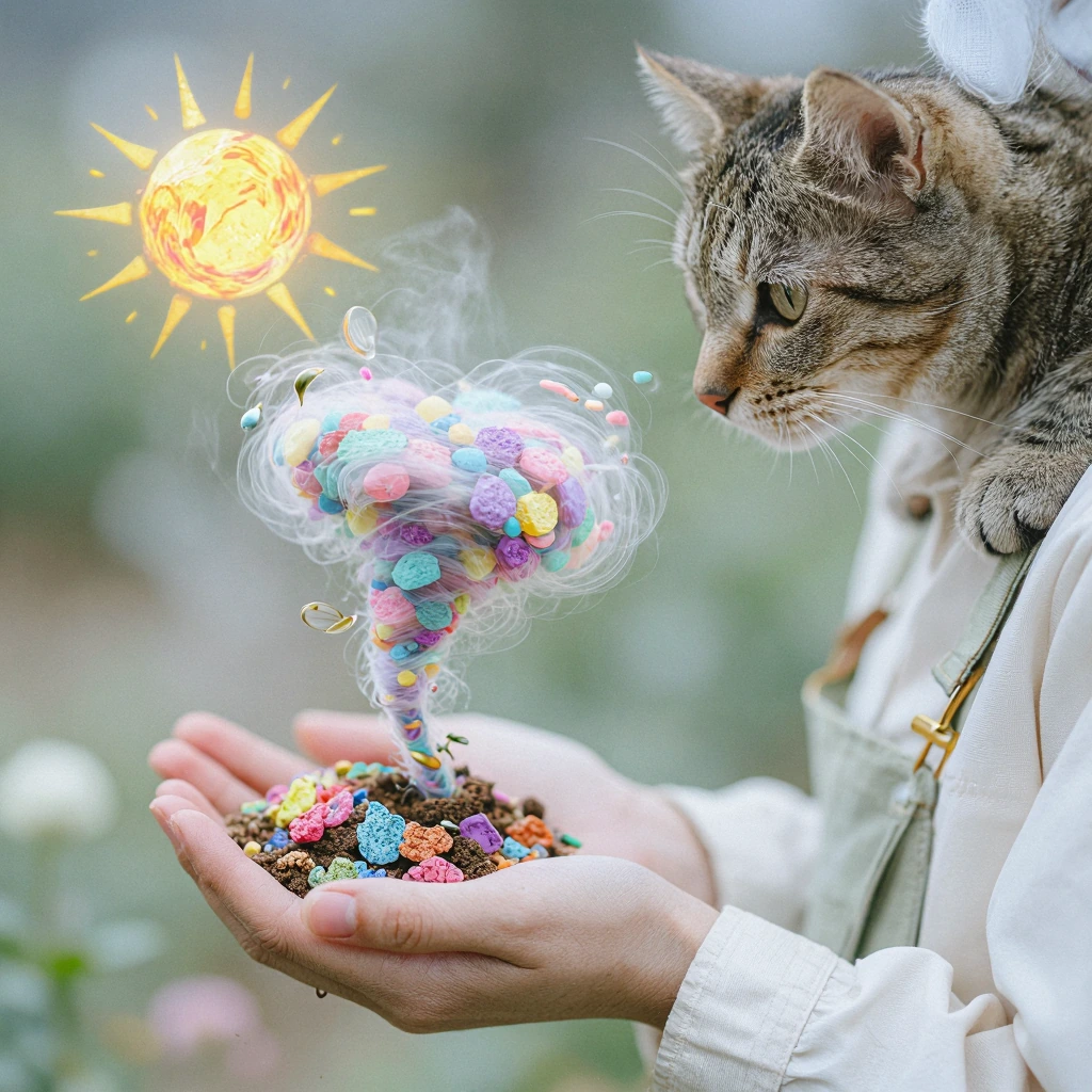 Surreal close-up of hands planting miniature tornados and sunshine into impossibly colorful earth, with a tabby cat perched on the gardener's shoulder observing the swirling magical weather seeds taking root, rendered in vivid pastel tones and ethere
