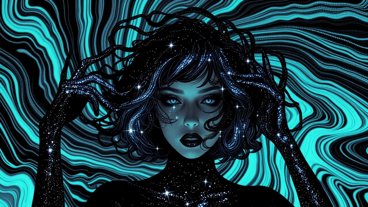 Chunky glitter. Dreamy. Surreal. Eerie. Woman. Black and teal. Random trippy background