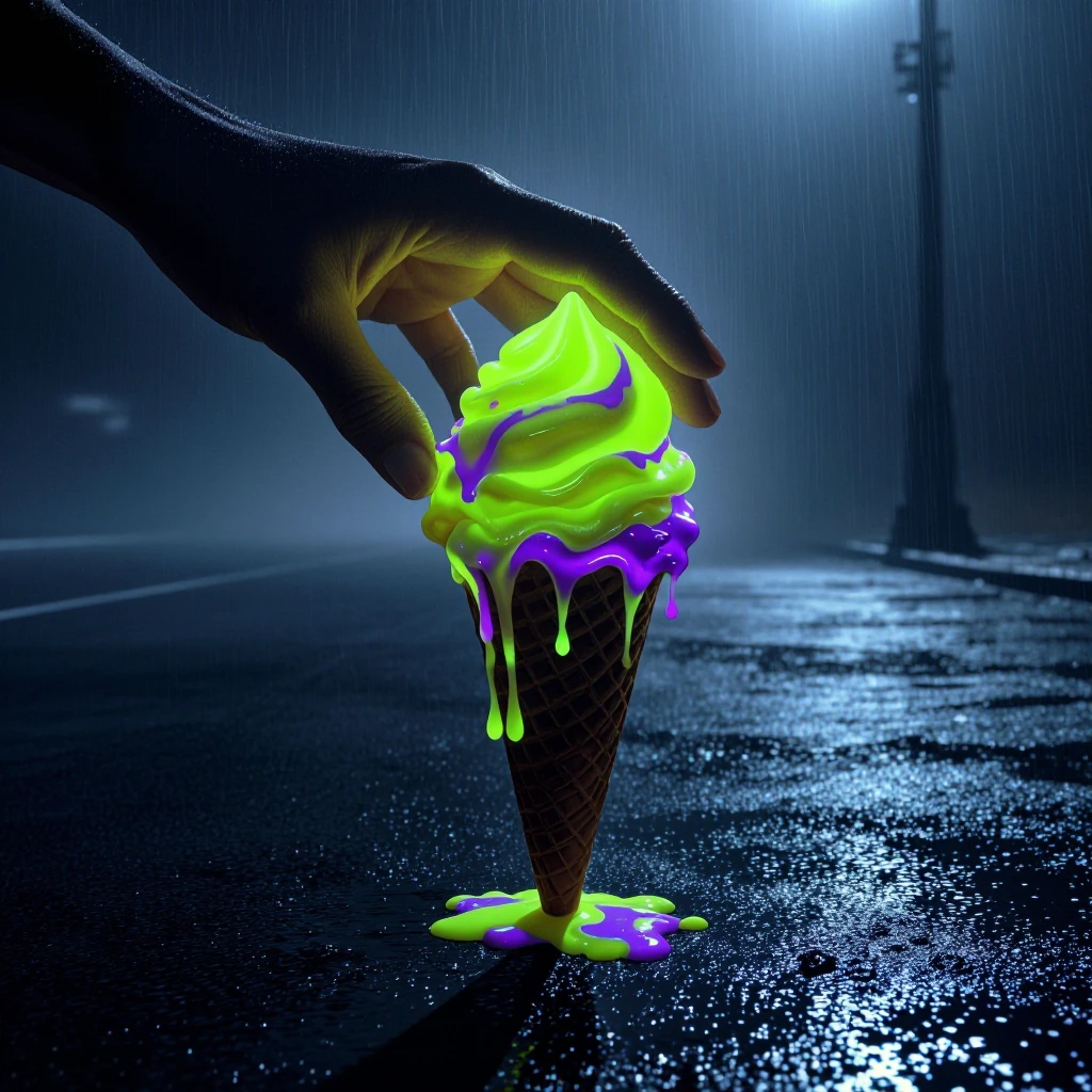 A cinematic, moody close-up shot of a human hand reaching toward a single ice cream cone standing upright on a wet, dark asphalt street at night. The ice cream is melting, covered in thick, glowing neon-colored drips of toxic lime green and electric