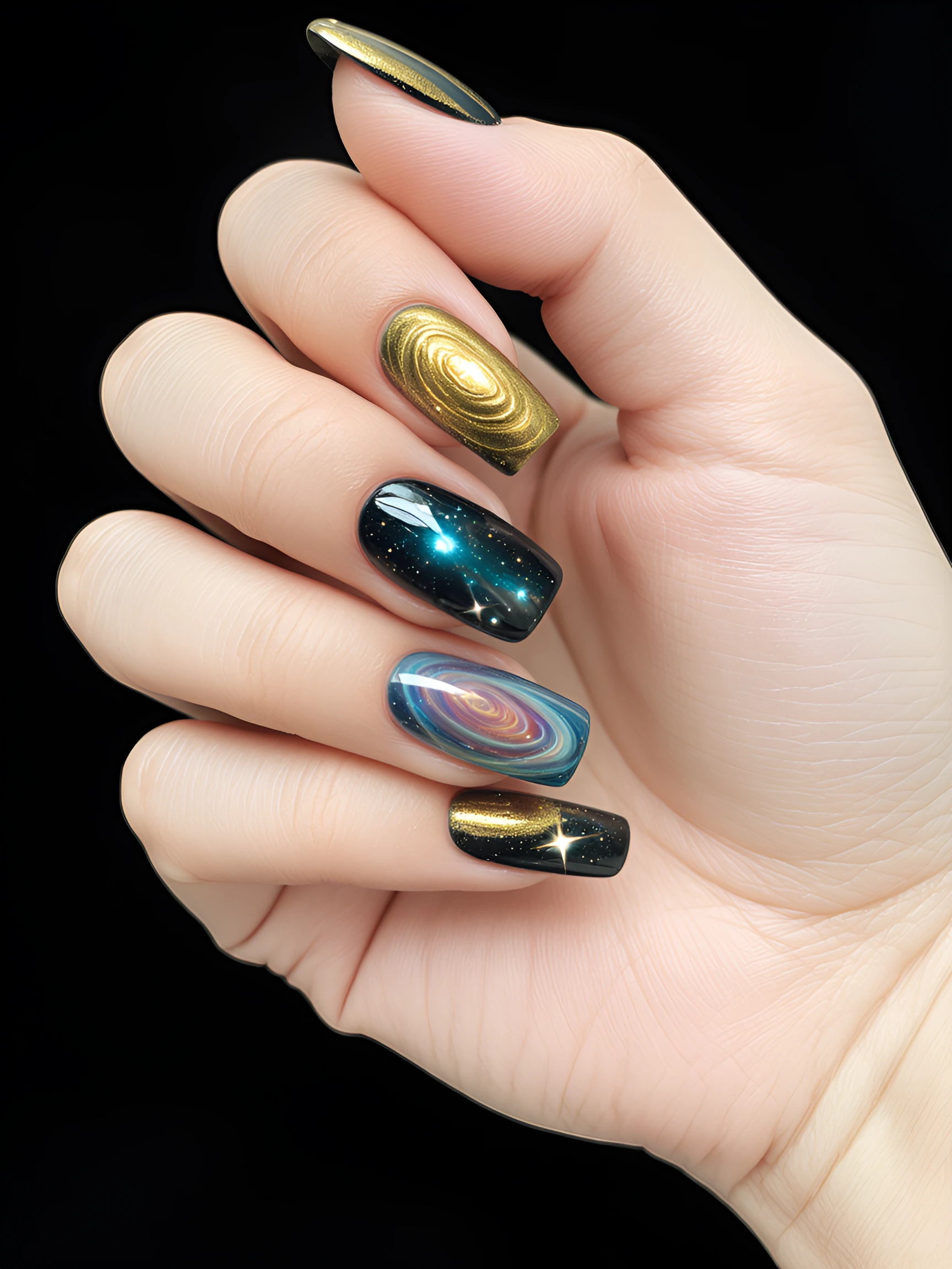 Hand with Beautiful fingernail, art, galaxy and gold
