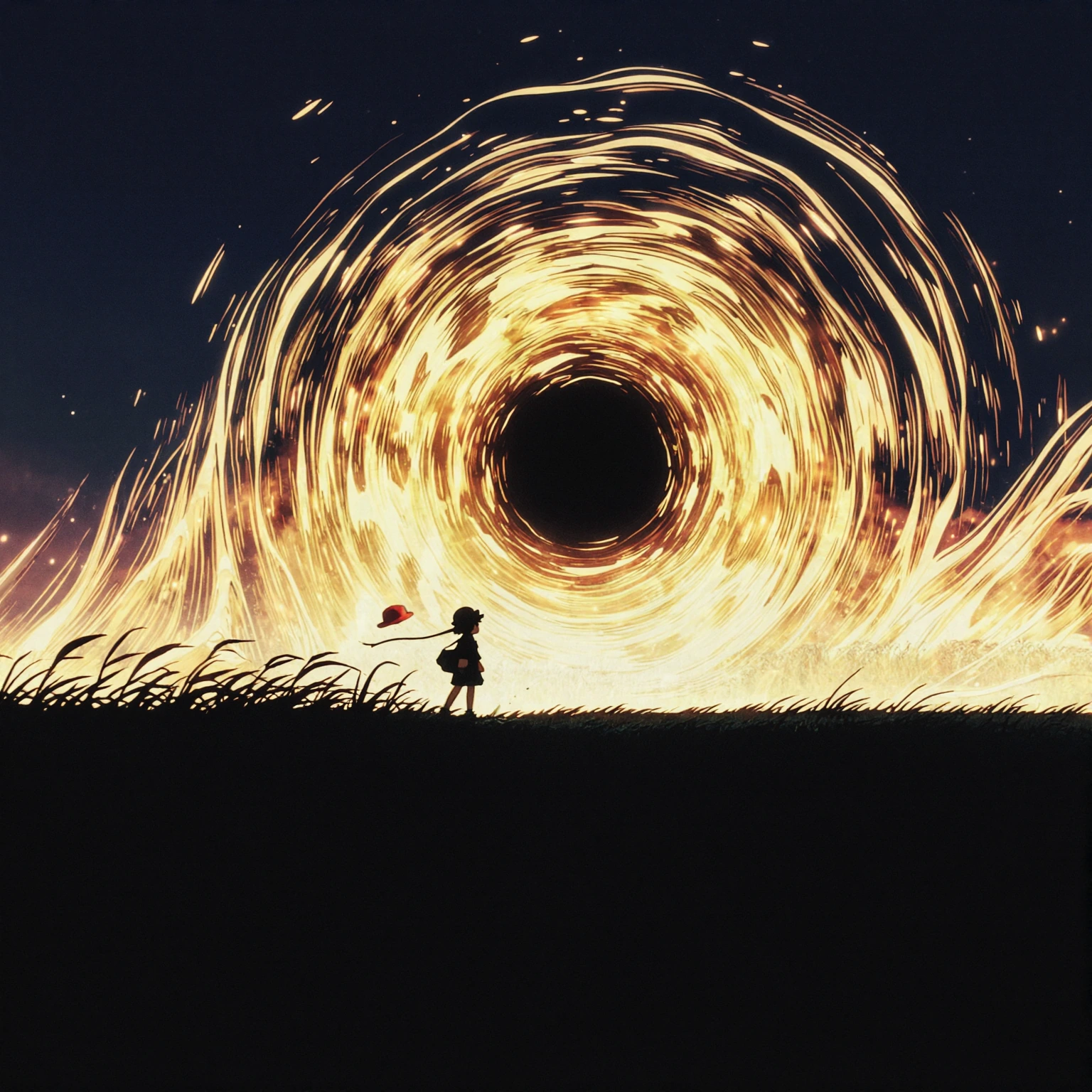 In a vast open field under a dark sky, a swirling golden disk black hole-like phenomenon hangs low, distorting light and bending the horizon. A tiny g