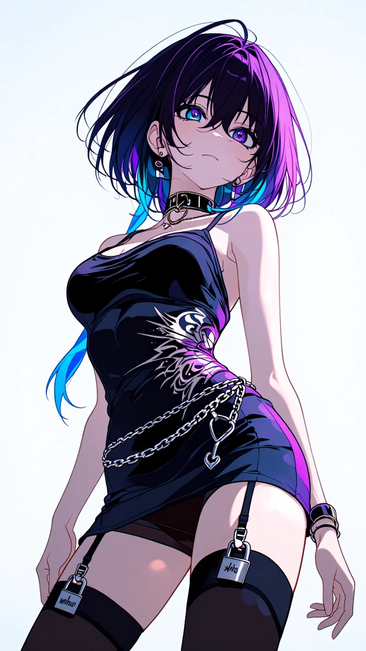 Rory Phoenix leaning forward in low-angle close-up, heterochromia eyes (vivid purple and teal) locked on viewer with direct, confident gaze. Long dark hair streaked with purple and teal, tousled. Black fitted dress with thin straps and low neckline, 