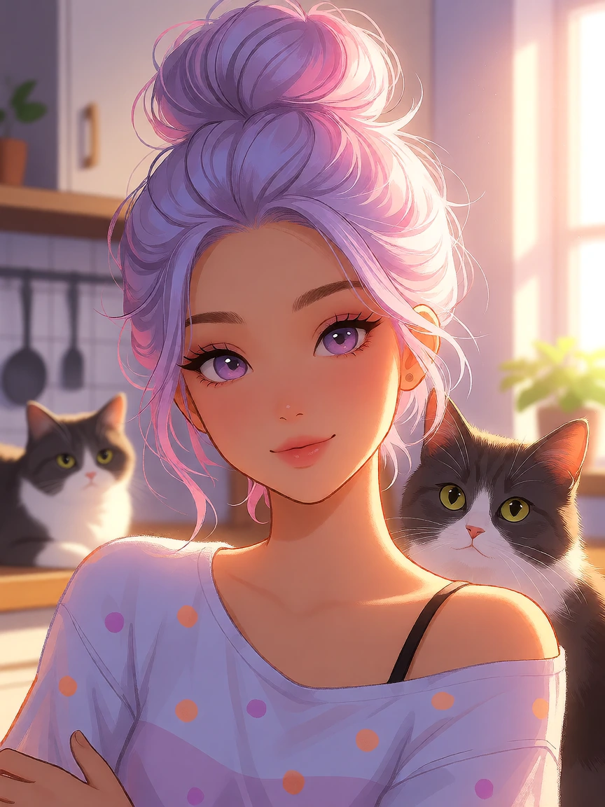 Beautiful woman, lavender and pink messy bun hair, morning in the kitchen with her cat. comfortcore photo manga mix