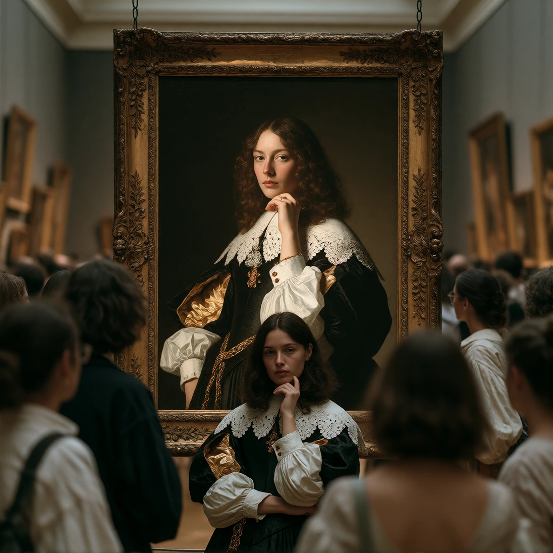 A crowded museum, a woman standing in front of a 17th-century portrait, and the woman in the painting is wearing her exact same outfit and expression, both with a hand raised to their chin. Warm gallery light, other visitors oblivious.