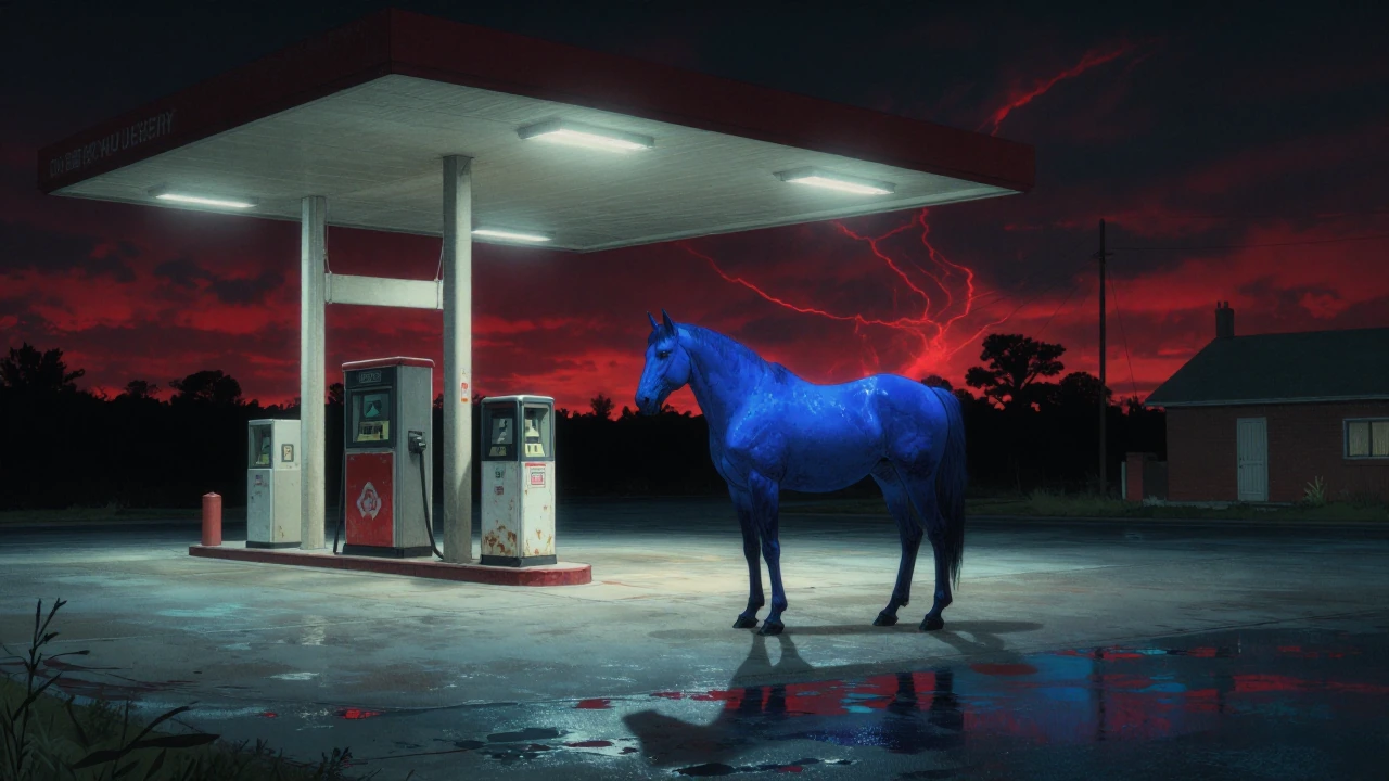 A large cobalt-blue horse standing alone beneath the awning of a deserted rural gas station at night, its coat glowing in deep sapphire and indigo tones, cold fluorescent overhead lights buzzing and washing the concrete in a sickly pale glow, a churn