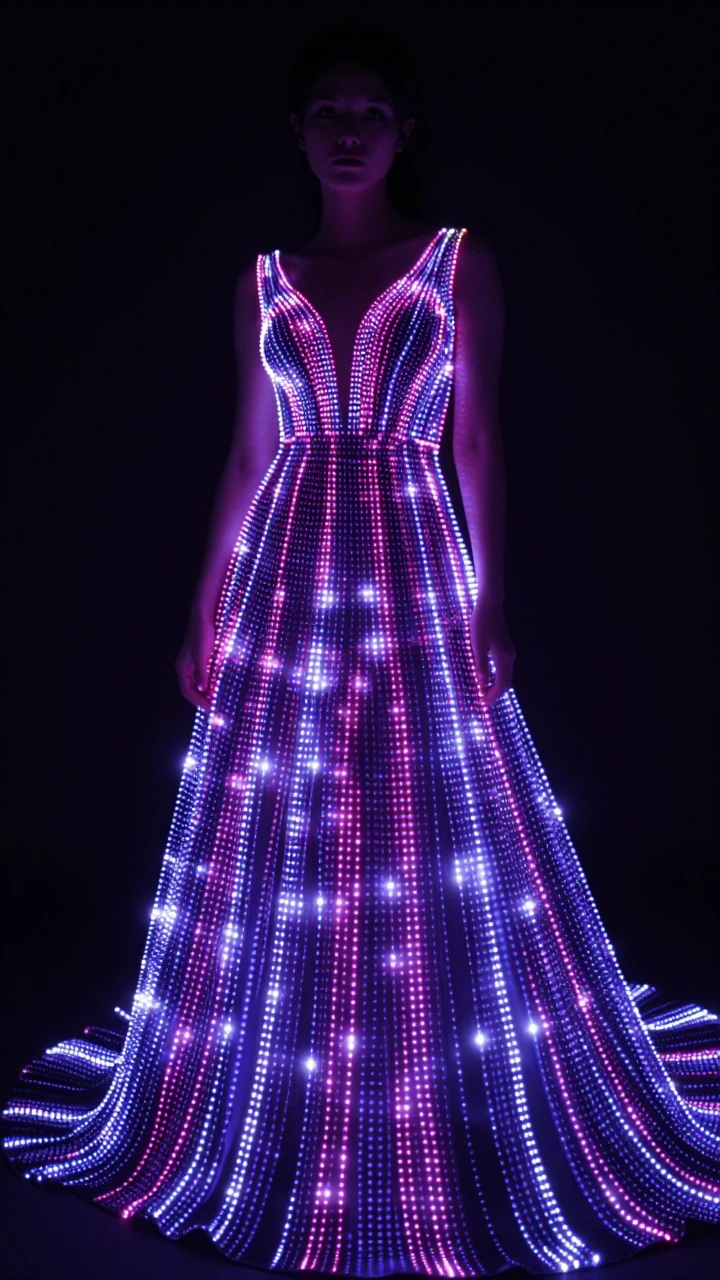 A woman in a floor-length gown constructed entirely of thousands of tiny programmable RGB LEDs arranged in a dense matrix, the lights cascading in real-time wave patterns of ultraviolet, electric magenta, and searing white that pulse and shift across