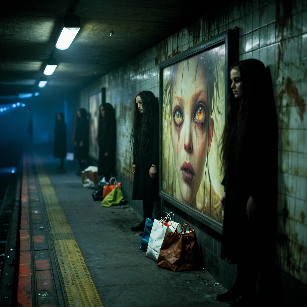 Cryptid creatures in modern urban environment, hidden in plain sight, surreal and unsettling atmosphere, dimly lit subway tunnel with abandoned advertisements, elongated humanoid silhouettes lurking in shadows, iridescent eyes reflecting fluorescent 