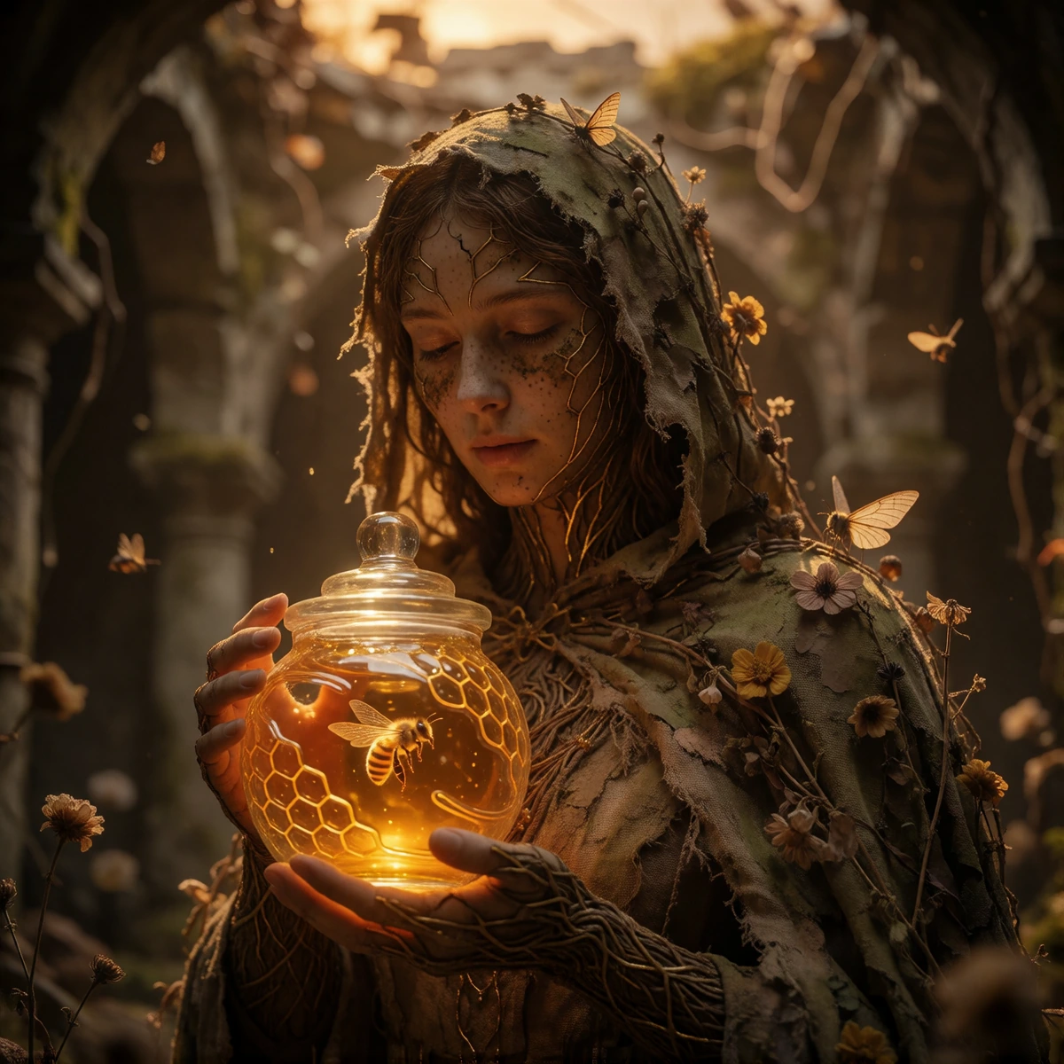 Portray the Keeper of the Last Bee, an ancient mythical guardian with weathered bark-like skin etched with faint golden veins that pulse softly like embedded honeycomb light. Drape her in a tattered cloak woven from dried wildflowers, moth wings, and