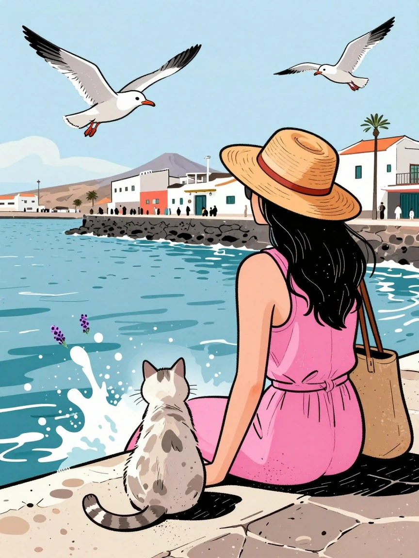 woman with her cat while visiting Fuerteventura, Canary Islands. seagulls, splashes, lavender, pink, orange, ink outline illustration manga style, doc