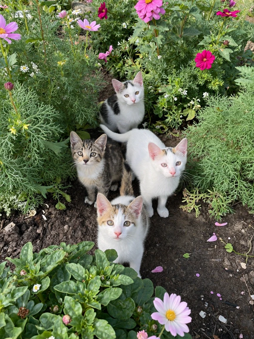 amateur photograph, kittens hiding in a flower garden