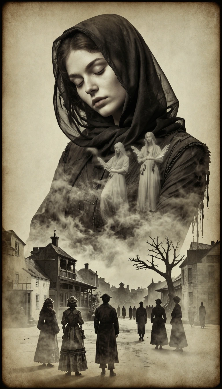A complex, multiple-exposure, fine-art portrait photograph of a young woman with a serene, sleeping expression, eyes closed, her face serving as a central, translucent canvas. The overall color palette is a sepia-toned, aged, and antiqued parchment w
