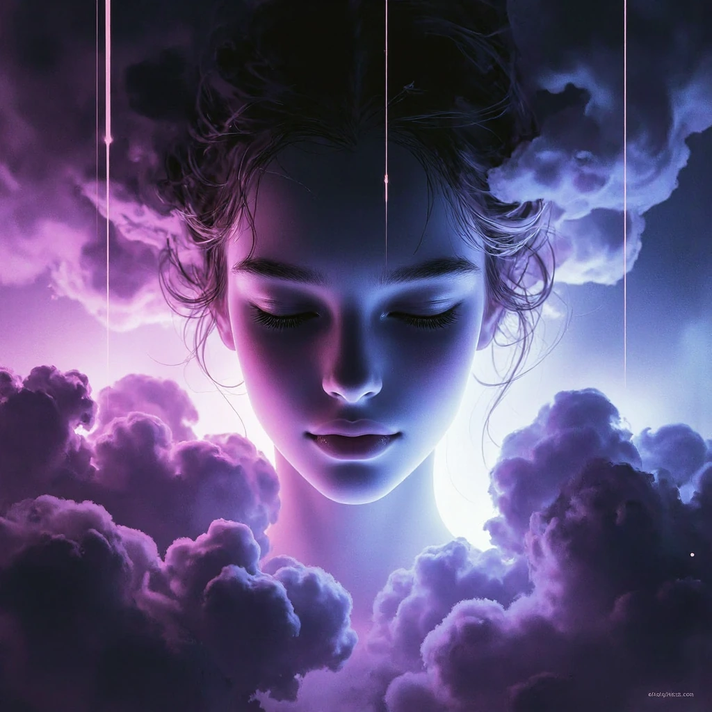 Surreal abstract digital artwork of an ethereal human-like face emerging from swirling luminous cloud formations, eyes closed with a calm serene expression, the face dissolving and transforming into the surrounding vapor, seamless blend of skin textu