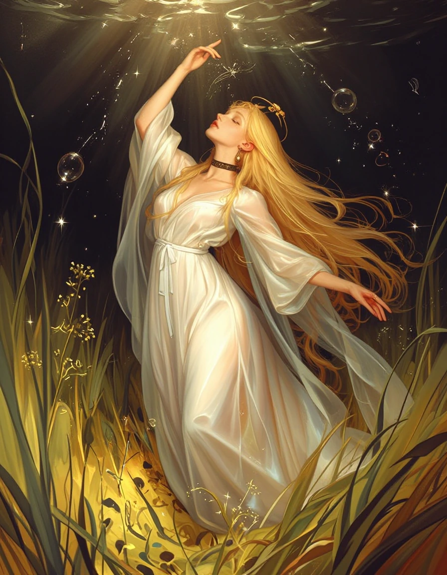 { "image_analysis": { "environment": { "lighting": { "colors": [ "gold", "soft yellow" ], "effects": [ "sparkles", "light rays" ], "type": "ethereal g