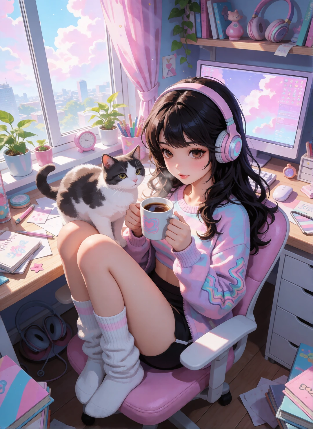 Woman comfortcore morning with her cat, coffee, and computer. Messy art