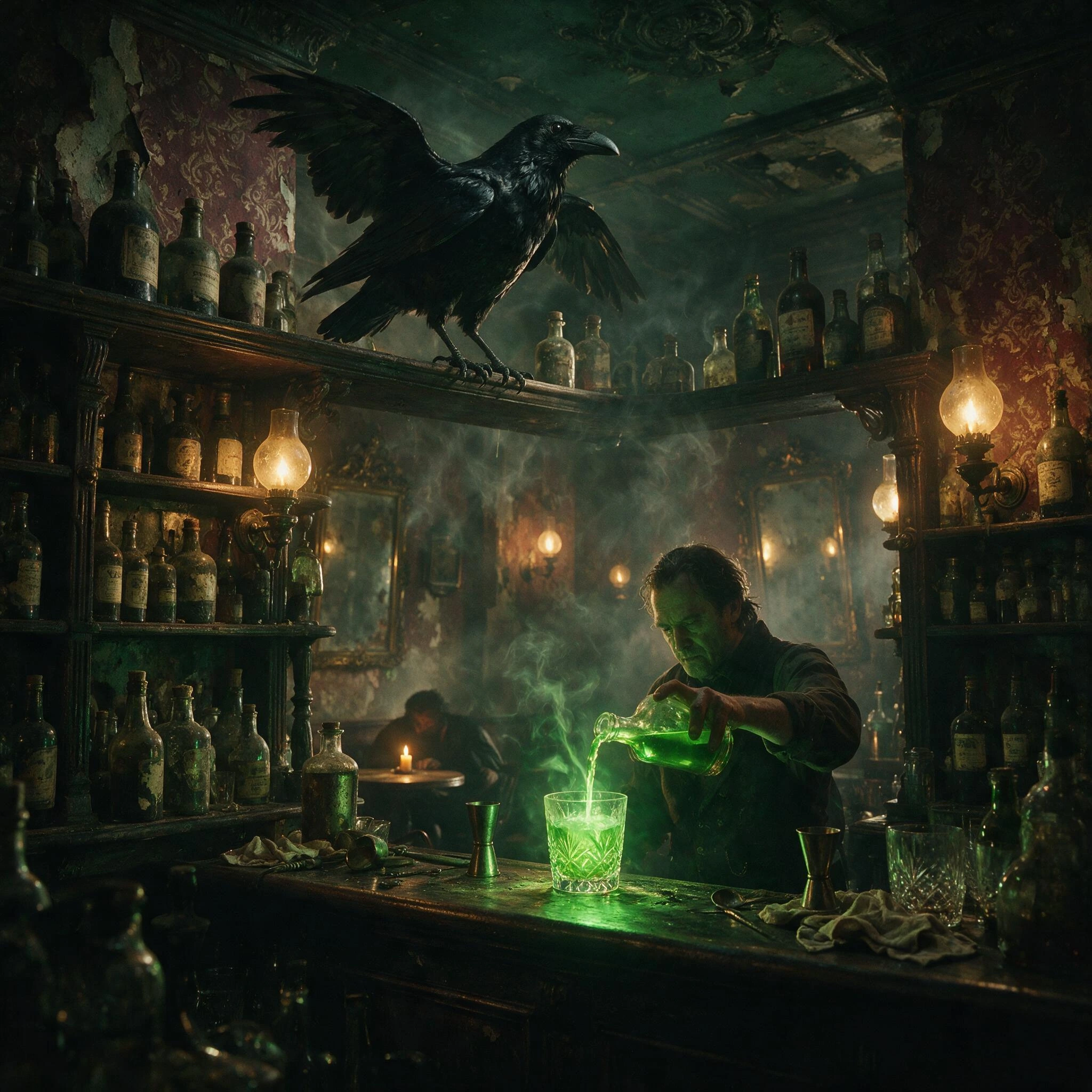 Dimly lit occult bar in 1890s Paris, the bartender's hands mid-ritual pouring a luminescent liquid into an antique glass, the pour itself glowing sickly green and casting moving shadows across shelves of dusty bottles with peeling labels, one solitar