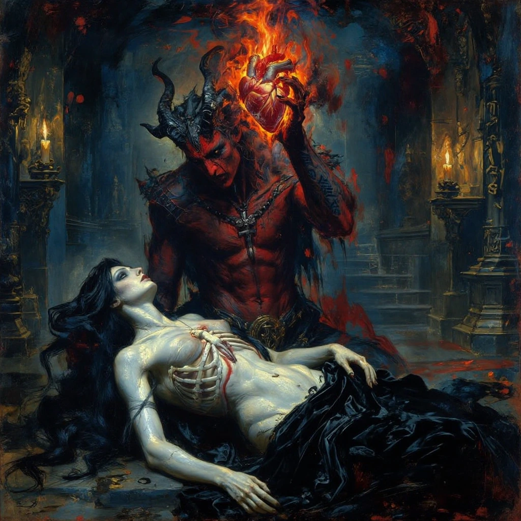Dark demonic figure with crimson skin and obsidian horns, muscular torso rippling with shadow and flame, holding a luminous burning human heart aloft in clawed talons, heart ablaze with ethereal orange and scarlet fire casting dramatic shadows, inten