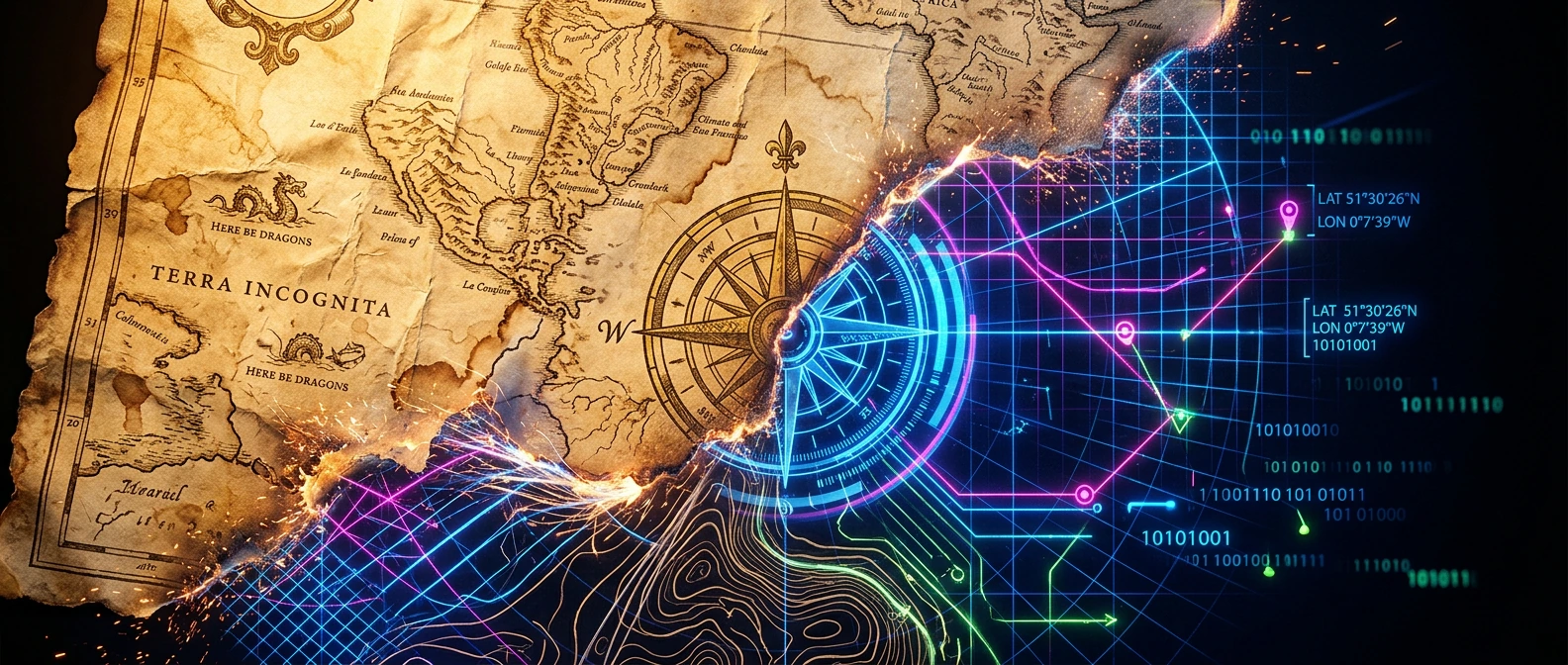 Show a weathered antique paper map mid-transformation into a glowing digital interface, the physical edges of the map curling and dissolving where analog meets digital. Aged sepia cartography bleeds into electric neon grid lines — cobalt blue, hot ma