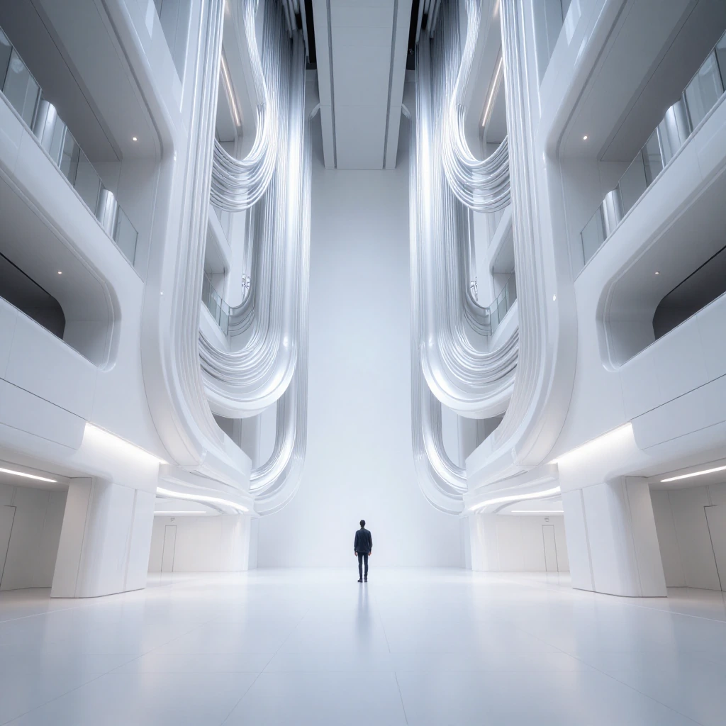 a woman sitting barefoot in a sleek white leotard jumpsuit sits in a modern minimalist dorm room with curved built-in furniture, bioluminescent alien 
