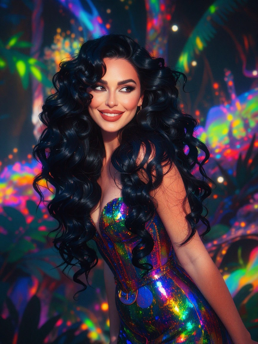 A stunningly beautiful alluring woman with lustrous long, wavy black hair, expressive eyes, and full crimson lips. She wears a stunning prismatic cocktail dress. She smiles radiantly as she poses playfully in a colorful dreamscape.
