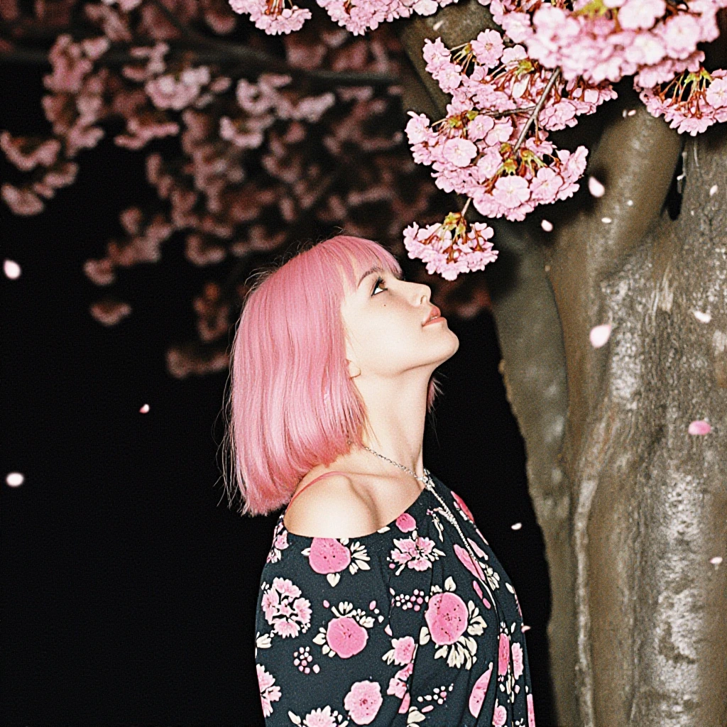 blending, flat color, no lineart, negative space, 1girl, sakura miko, pink hair, cowboy shot, black shirt, print shirt, floral print, off shoulder, outdoors, cherry blossom, tree shade, wariza, looking up, falling petals, half-closed eyes, black back