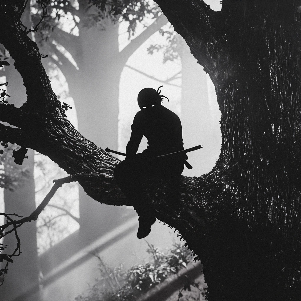 A quiet, deadly, and visually sharp scene of a shinobi-like character perched on a high, gnarled tree branch, looking down at a target through a dense
