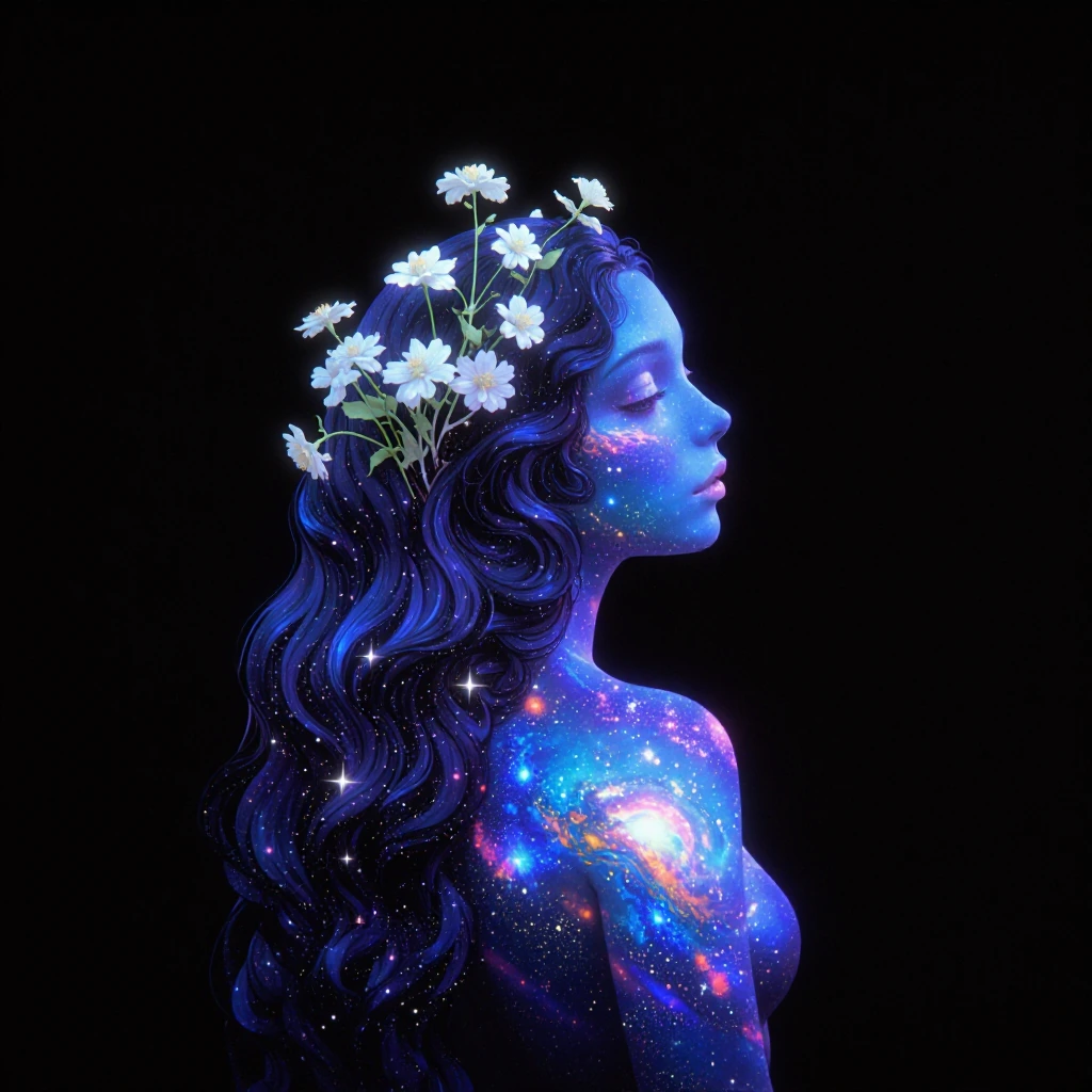 a woman with deep blue galaxy skin—swirling nebulas and stars across her shoulders and face—white wildflowers woven through long dark hair, standing in profile against a black void, soft ethereal lighting, wide shot, 35mm quality