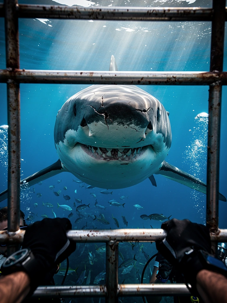 A scientifically accurate adult great white shark making an extremely close investigative pass directly toward a steel shark diving cage from the diver’s point of view, the massive shark filling almost the entire frame, mouth closed or only slightly 