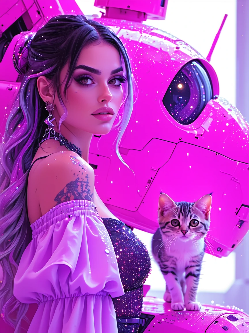 Beautiful Woman lavender eyes, , platinum black pink ombre hair with a cat standing by a big pink mech, sparkly