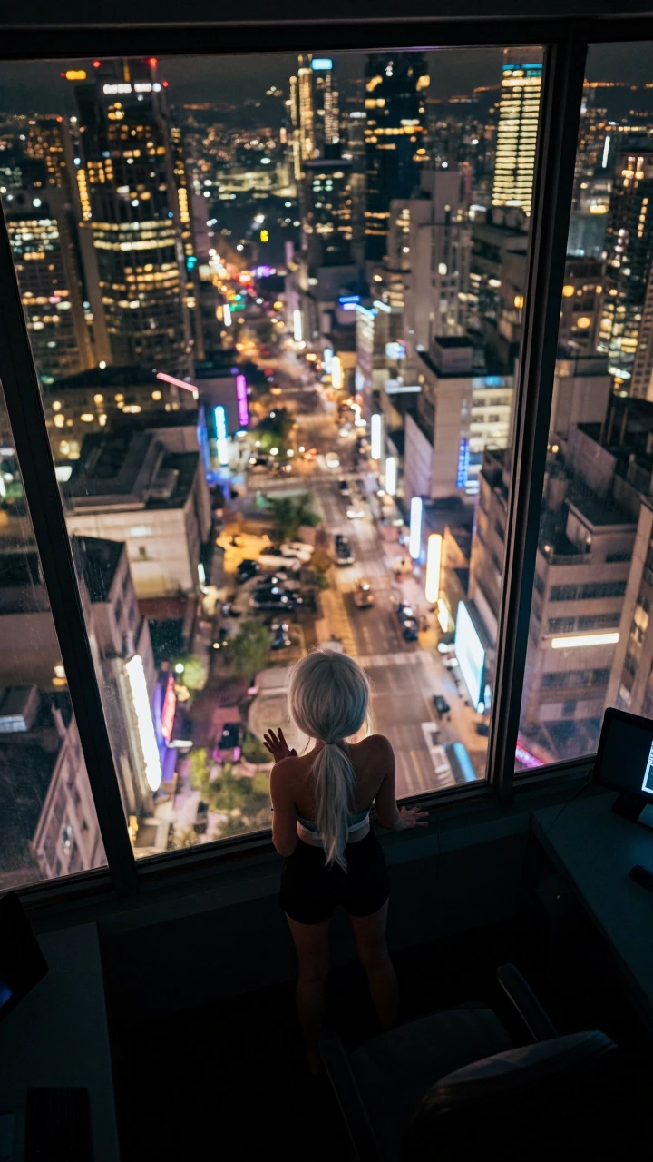 Charlotte standing in the control room looking out at the neon-lit cyberpunk city, catching her breath after the battle, exhausted but victorious, cit