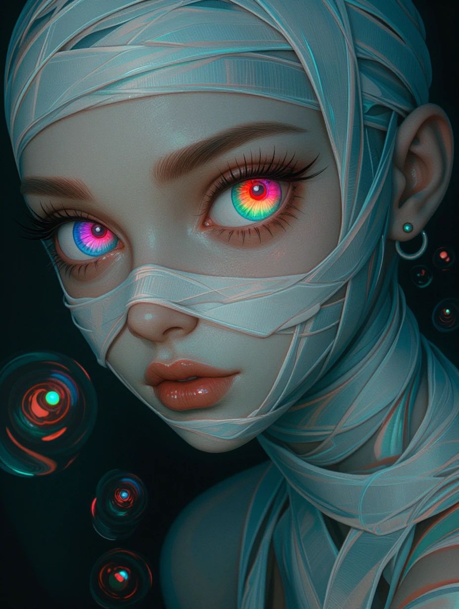 Create a surreal, high, 3D of an ethereal figure Figure Details: Appearance: The figure should appear semi and ethereal, wrapped in bandages that pulsate and glow, like a heartbeat Eyes: The figures eyes are intensely bright and luminescent with vivi