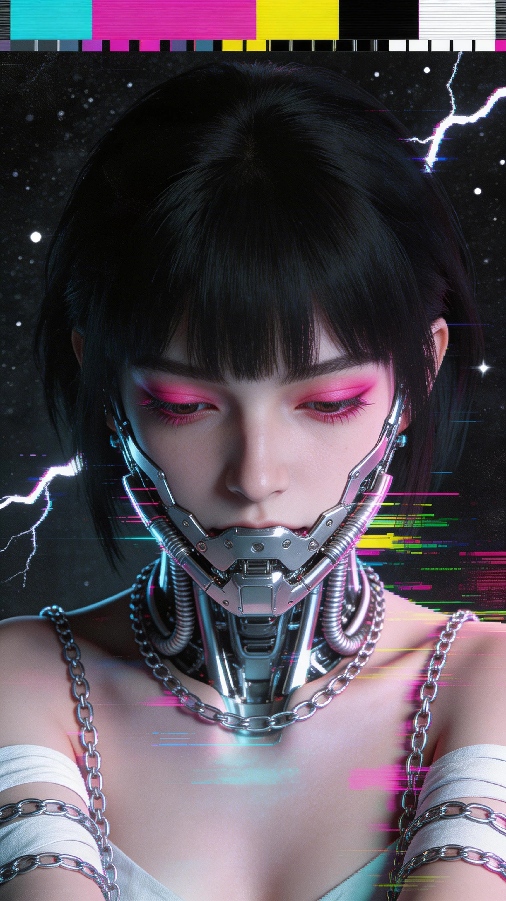 # Digital Cyberpunk Portrait A striking digital artwork depicts a pale-skinned figure with voluminous black hair and blunt bangs, eyes downcast with pink eyeshadow. Elaborate silver mechanical apparatus wraps around their mouth and neck like a cyborg