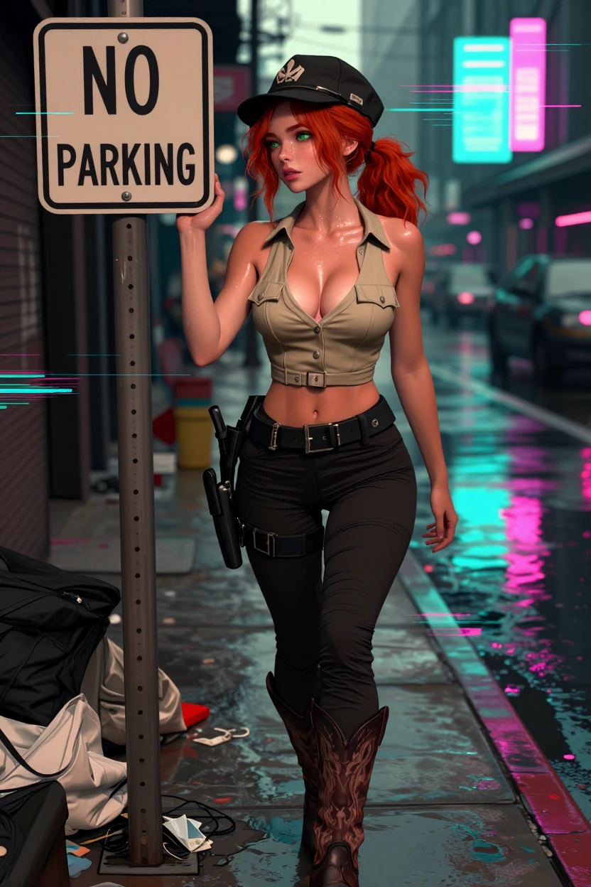 A beautiful girl with vibrant fiery red hair in a messy ponytail, bright green eyes, cute freckles across her nose and cheeks, sun-kissed skin, curvy silhouette. She is standing next to a "no parking" sign in a cluttered and crowded city sidewalk, we