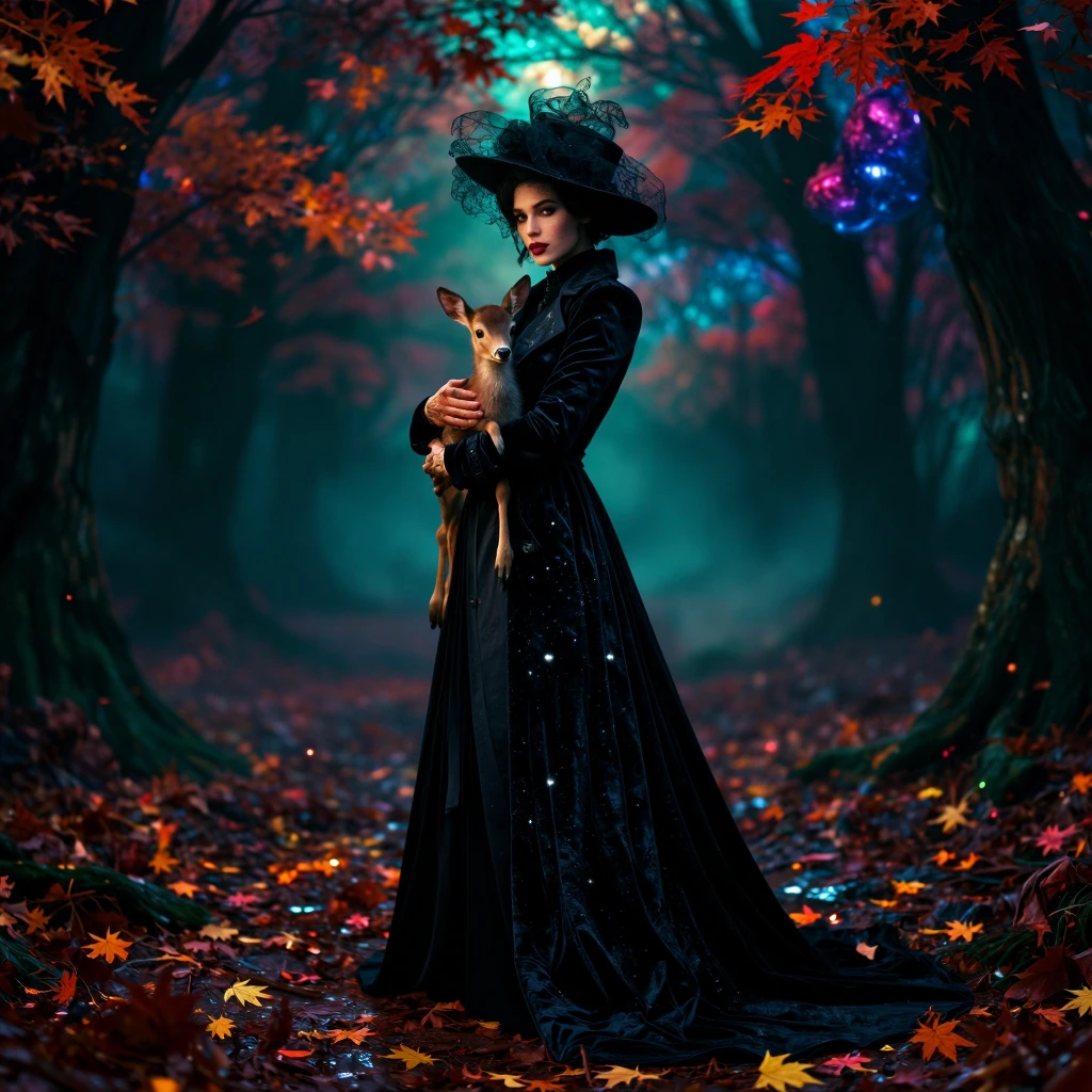 A full-length cinematic shot of a stunning femme fatale standing in an ancient autumnal forest shrouded in mist. She is wearing a spectacular, ultra-trendy black velvet trench coat with a long train. She is wearing a Gothic funeral hat with a black l