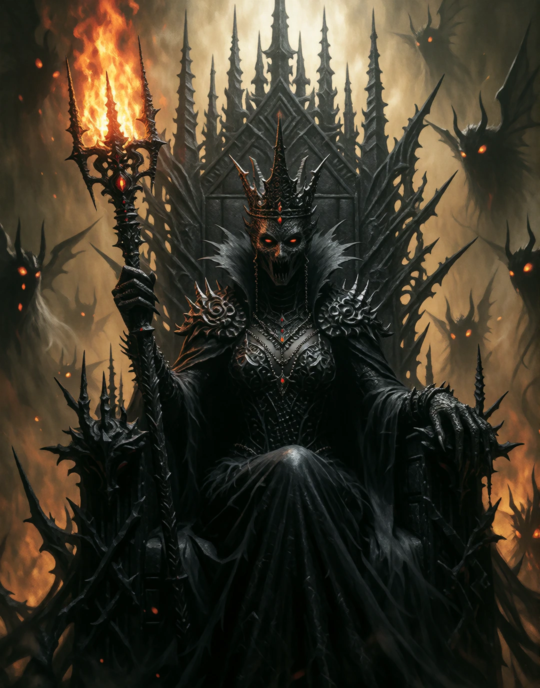 The queen of evil sitting on a massive black throne, majestueus but threatening, holding a scepter with a burning top, in the background evil spirits are flying around