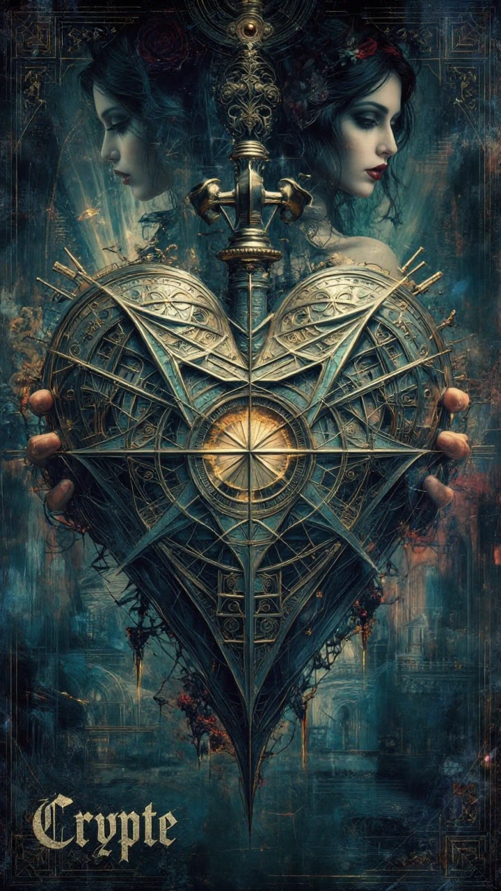 To enter this sanctuary of logic and desire, one must follow the rhythm of the geometry inherent in the heart: * Speak only to the rhythm of the soul’s geometry; leave no jagged edges..In the background, in a double exposure, the portrait of a stunni