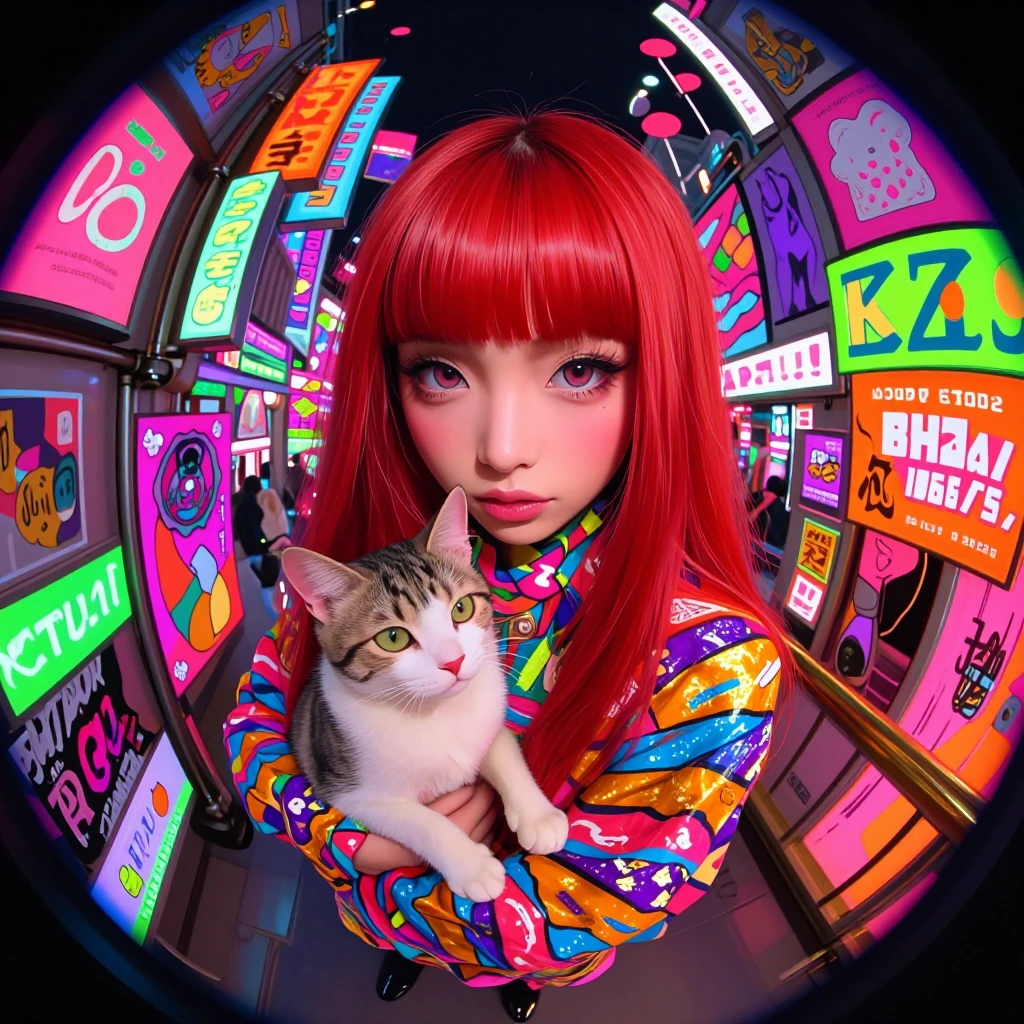 A hyperrealistic Japanese pop art portrait of a Japanese woman (holding her cat) with long, straight red hair looking directly into an extreme fisheye camera lens. The scene is an explosion of over-the-top colors: neon pink, electric blue, vivid oran